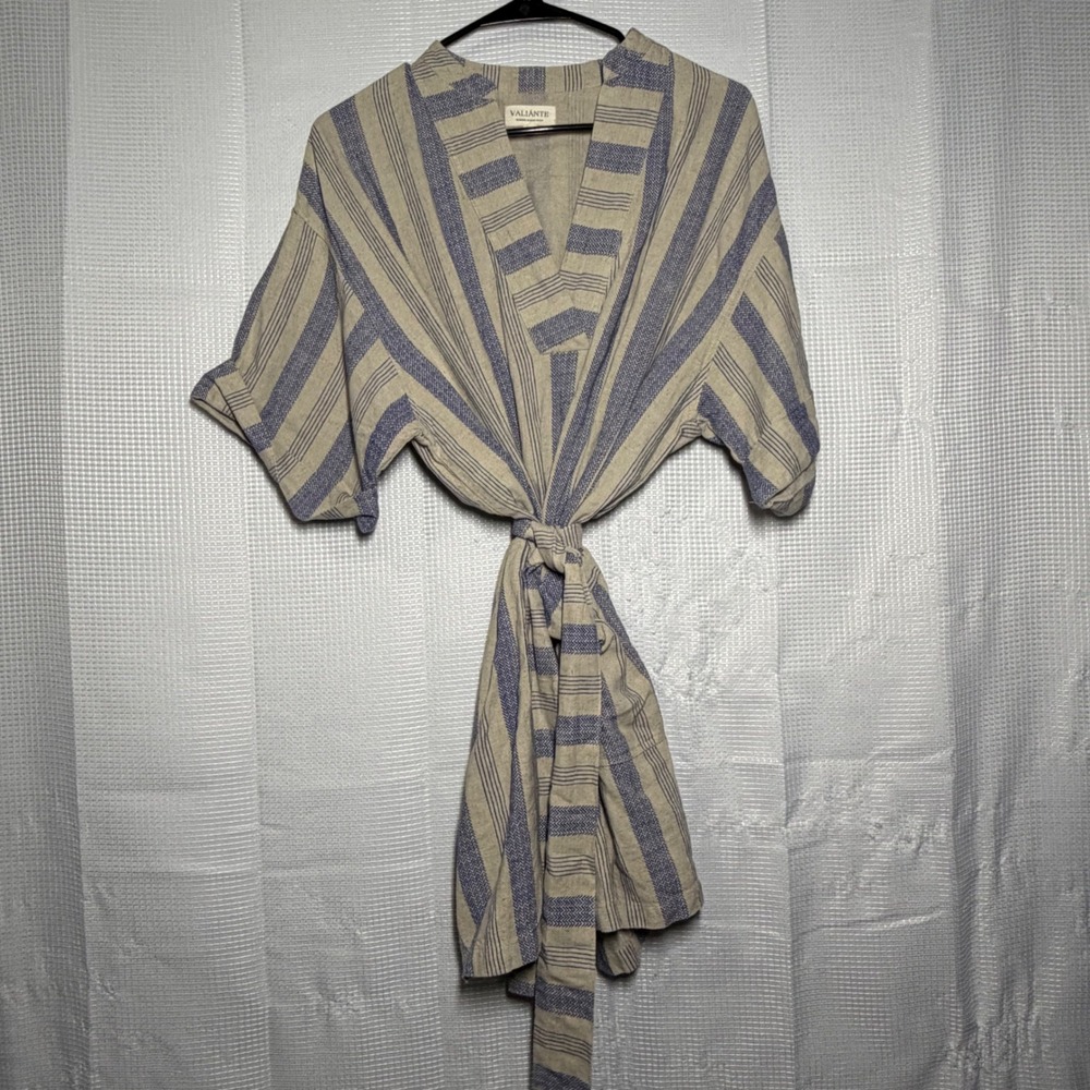 Valiante T-Shirt Dress‎ Linen Blend Striped Waist Tie Coastal Boho Medium